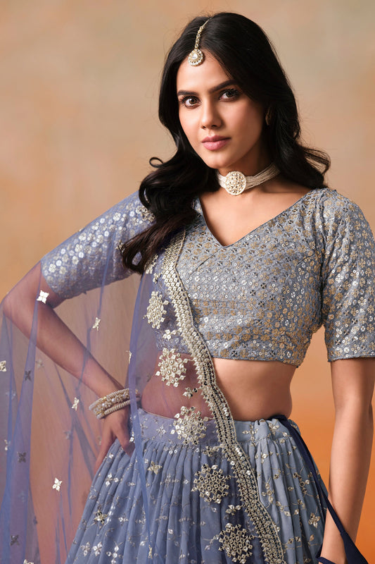 Navy Blue Semi-Stitched Embroidered Jacquard Silk Lehenga-LC226_2_SareeButa.com