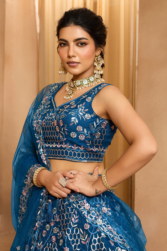 Navy Blue Semi-Stitched Embroidered Net Lehenga-SAR10710_2_SareeButa.com