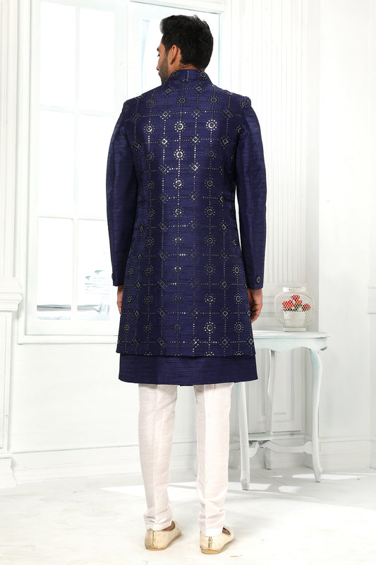Navy Blue Silk Kurta Pajama With Jacket-SAR11446_2_SareeButa.com