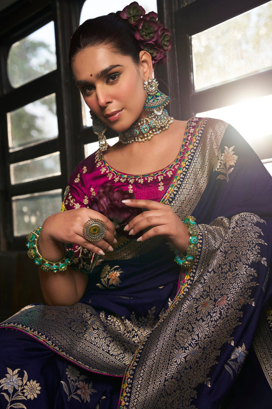 Navy Blue Woven Viscose Silk Saree With Lace Border-ZB134664_2_SareeButa.com