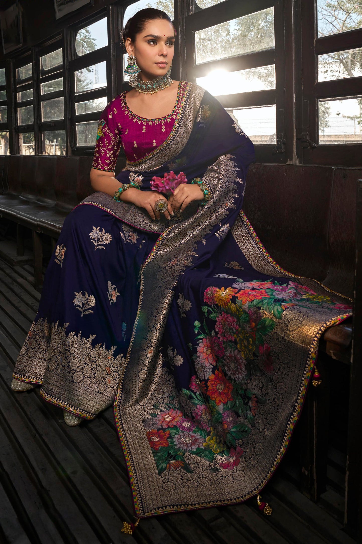 Navy Blue Woven Viscose Silk Saree With Lace Border-ZB134664_4_SareeButa.com