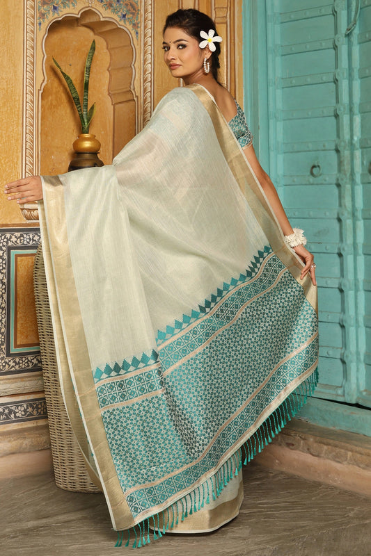 Off White And Green Woven Linen Saree-SAR10629_2_SareeButa.com