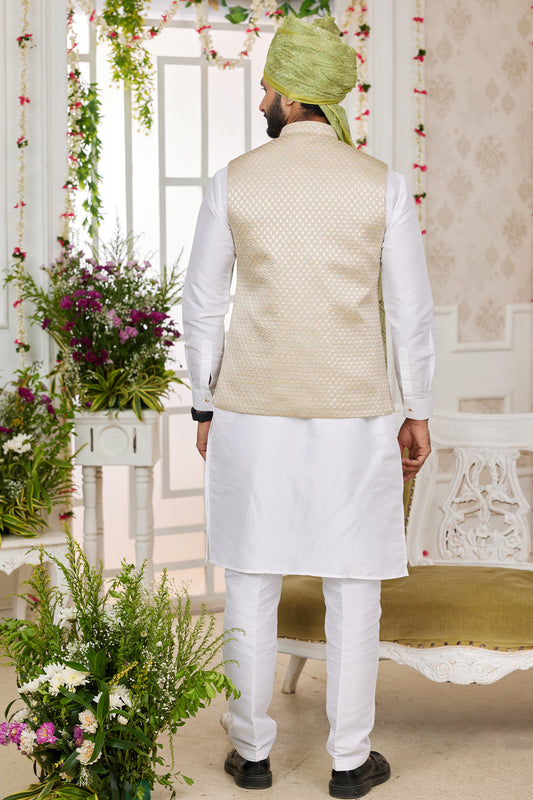 Off White Banarasi Silk Kurta Pajama With Jacket-SAR11410_2_SareeButa.com