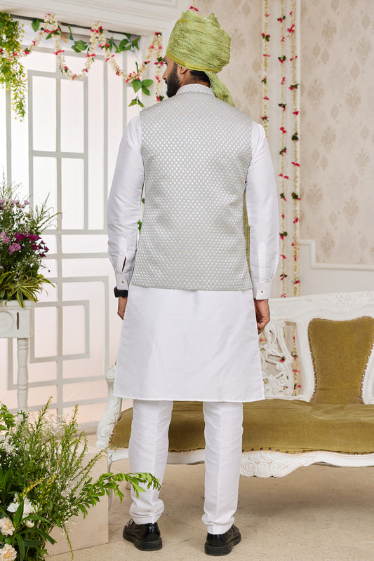 Off White Banarasi Silk Kurta Pajama With Jacket-SAR11411_2_SareeButa.com