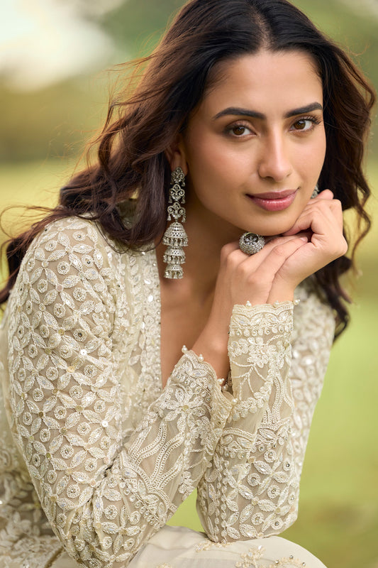 Off White Readymade Embroidered Net Suit-SAR11662_2_SareeButa.com