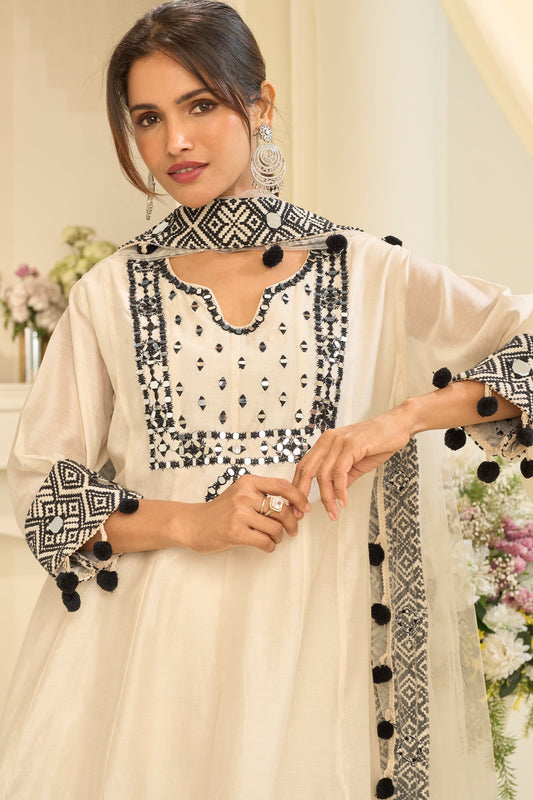 Off White Readymade Mirror Work Silk A-line Suit-SAR12166_2_SareeButa.com