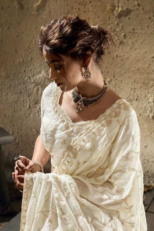 Off White Sequin Work Velvet Satin Saree-SAR12815_2_SareeButa.com