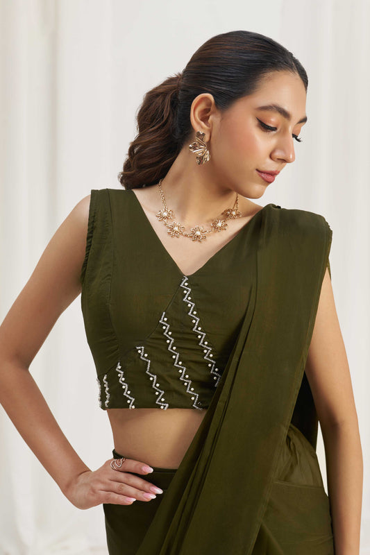 Olive Green Organza Readymade Saree with Stitched Blouse-ZB134298_2_SareeButa.com