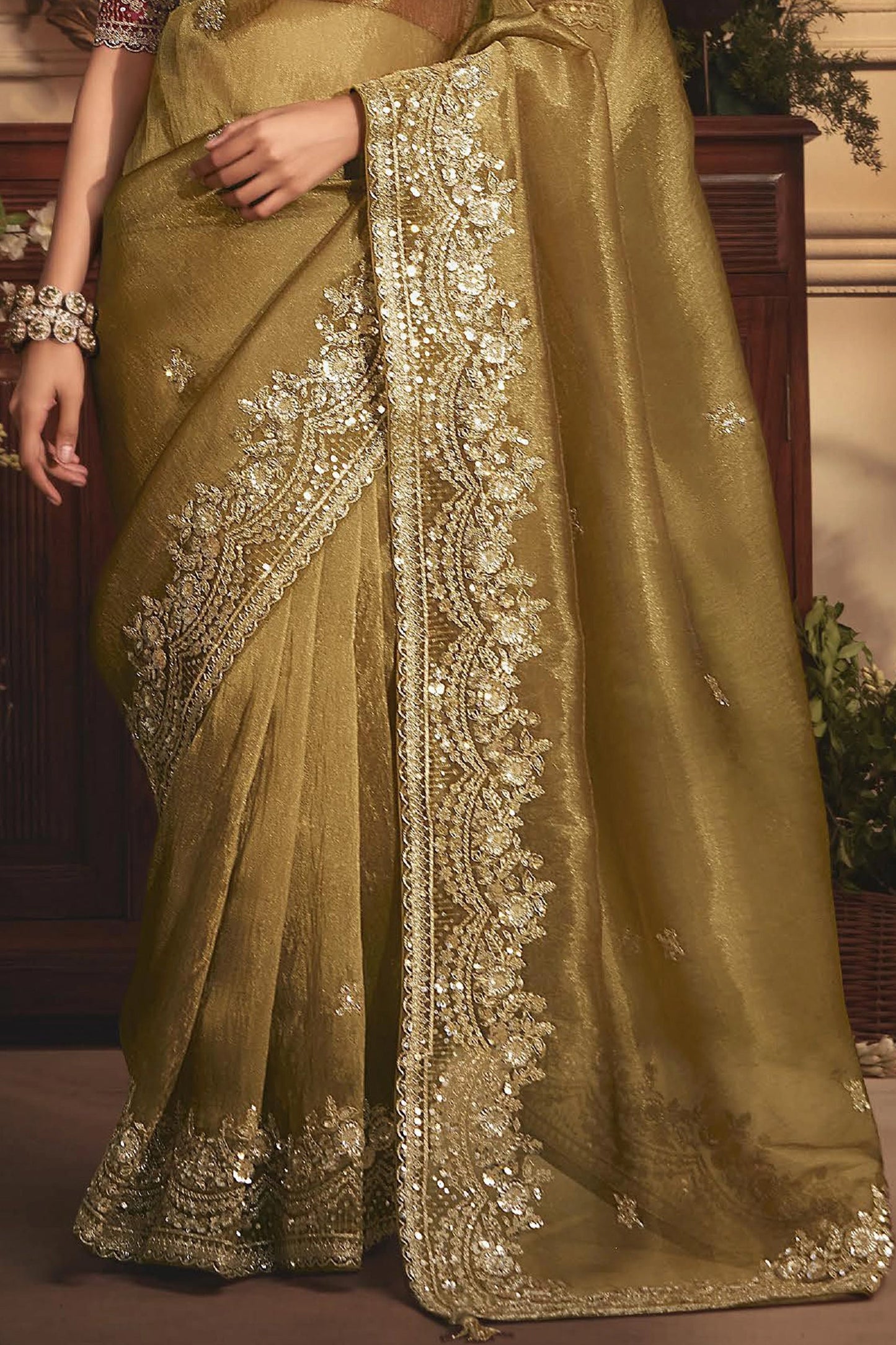 Olive Green Embroidered Tissue Organza Saree-SAR10238_5_SareeButa.com