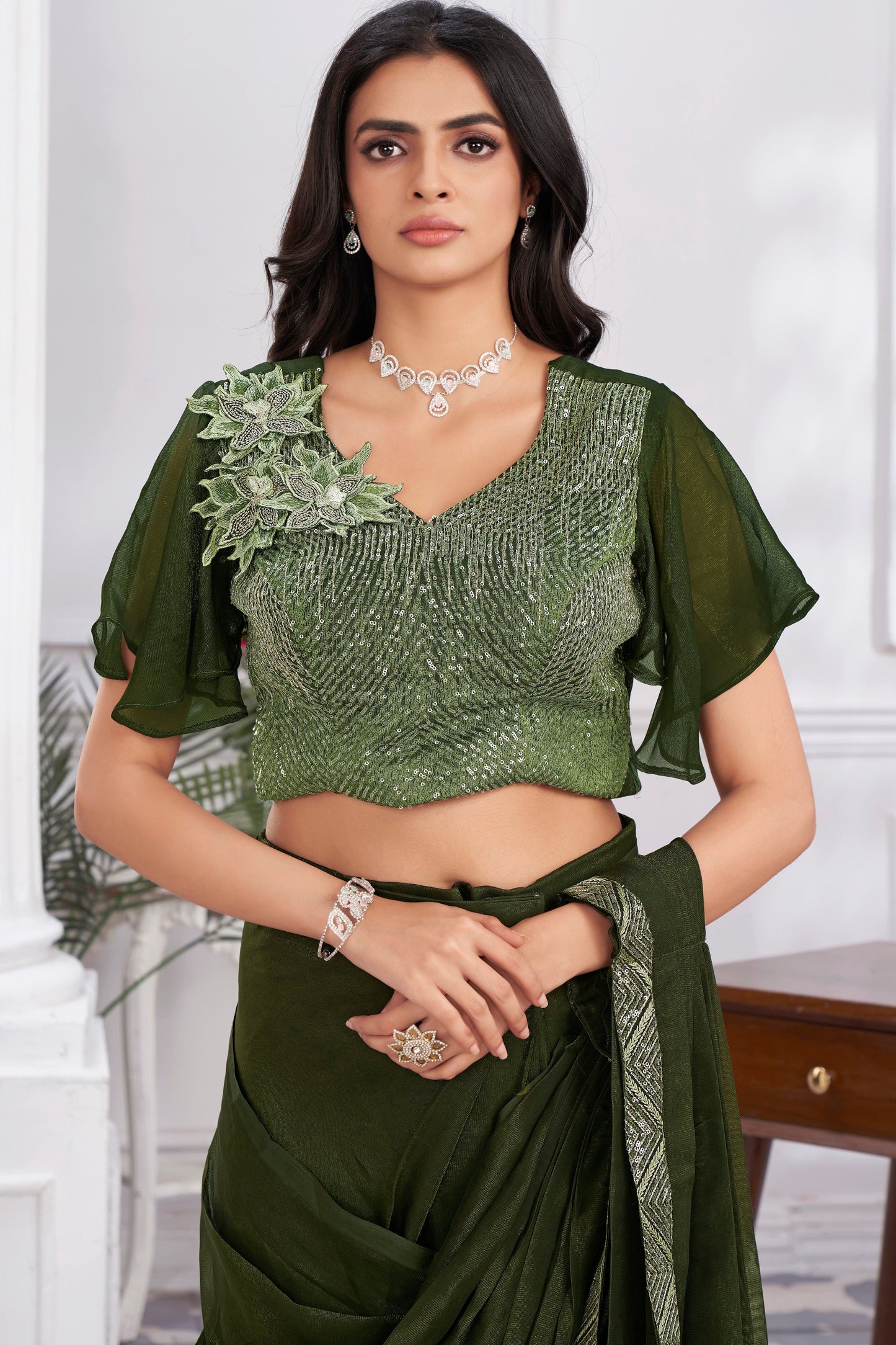 Olive Green Georgette Readymade Saree With Stitched Blouse-ZB133692_4_SareeButa.com