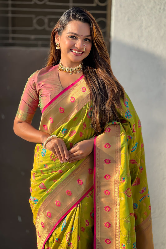 Olive Green Woven Paithani Silk Saree-ZB134835_2_SareeButa.com