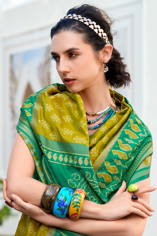 Olive Green Woven Soft Ikat Silk Saree-SAR10026_2_SareeButa.com