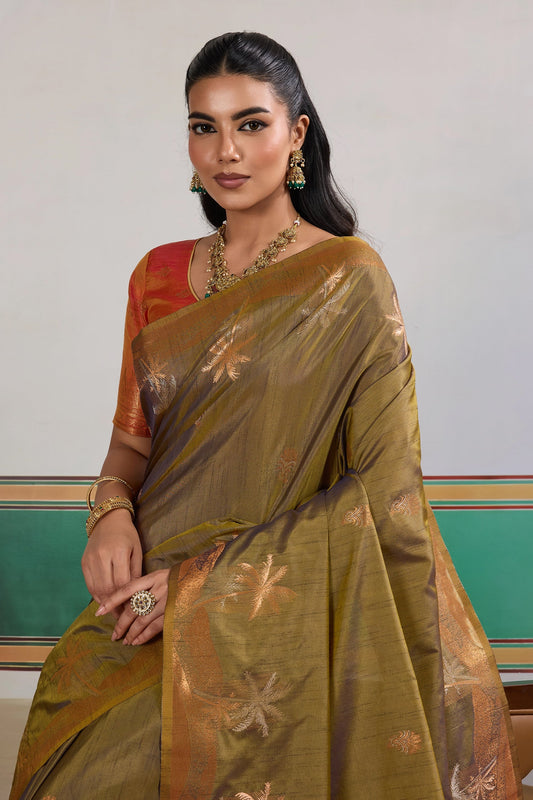 Olive Green Woven Tussar Silk Saree-SAR11202_2_SareeButa.com