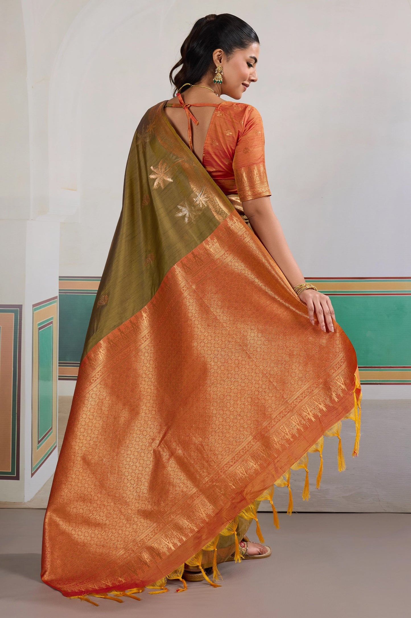 Olive Green Woven Tussar Silk Saree-SAR11202_5_SareeButa.com