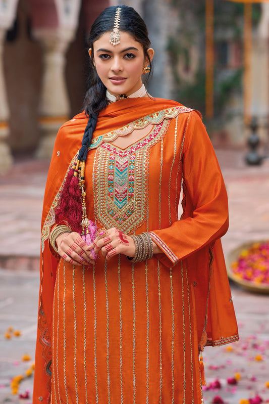 Orange Heavy Work Chinon Readymade Suit-SS155_2_SareeButa.com