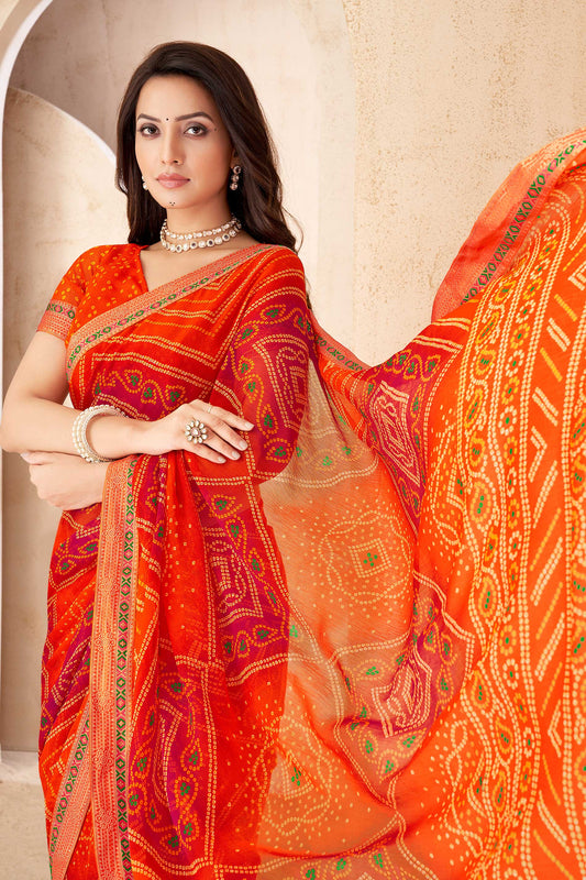Orange Printed Chiffon Bandhani Saree-ZB134675_2_SareeButa.com