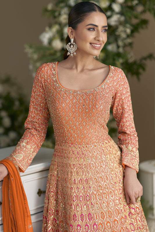 Orange Readymade Embroidered Georgette Gown with Dupatta-SS917_2_SareeButa.com