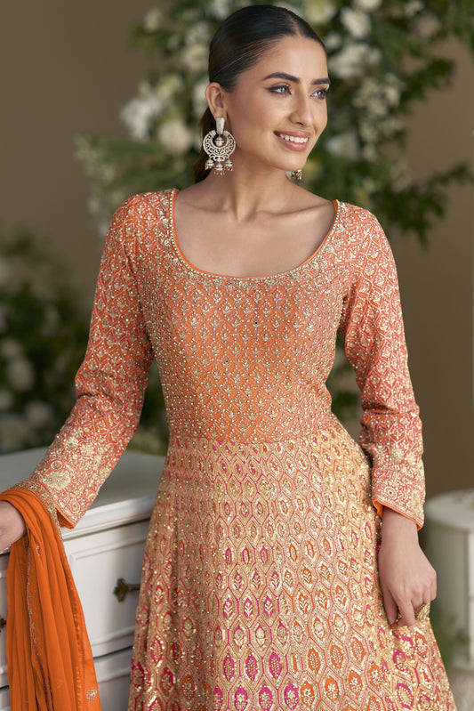 Orange Readymade Embroidered Georgette Gown with Dupatta-SS917_2_SareeButa.com