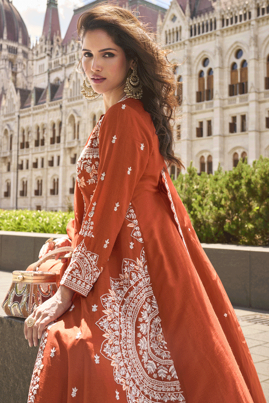 Orange Readymade Organza Silk Front Slit Palazzo Suit-SS851_2_SareeButa.com