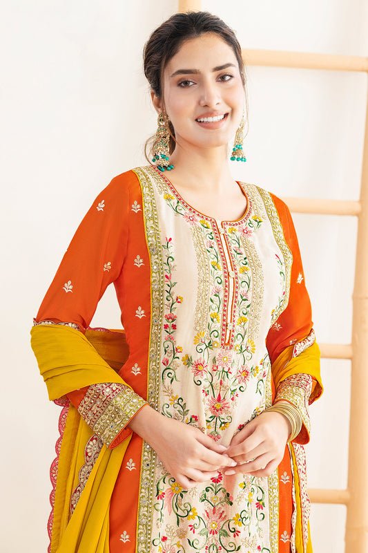 Orange And Yellow Readymade Embroidered Chinon Suit-SAR11107_2_SareeButa.com