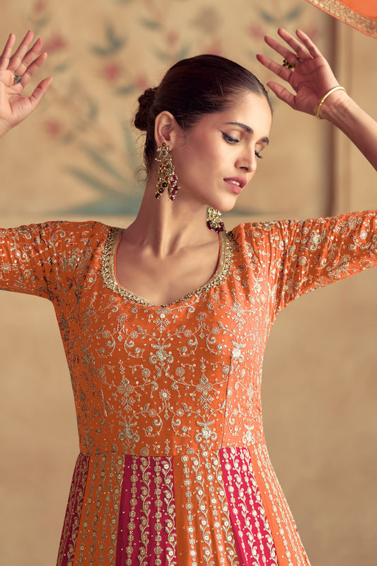 Orange Heavy Work Goergette Gown with Dupatta-SS464_2_SareeButa.com