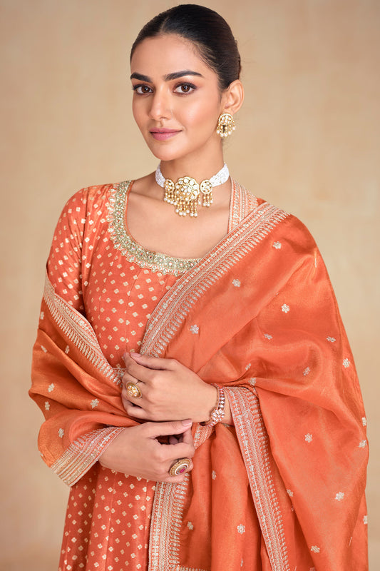 Orange Jacquard Organza Silk Gown with Dupatta-SS458_2_SareeButa.com
