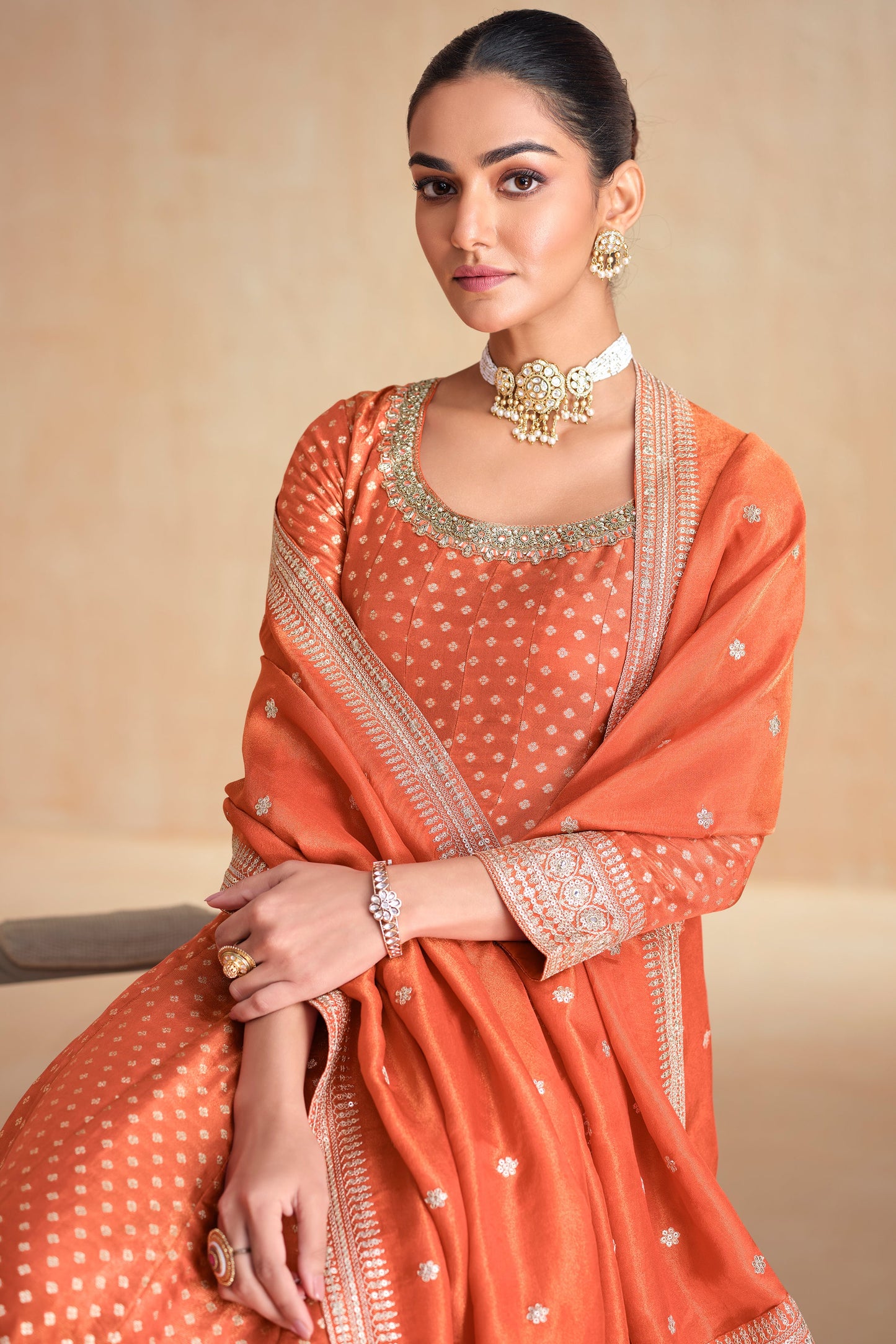 Orange Jacquard Organza Silk Gown with Dupatta-SS458_5_SareeButa.com