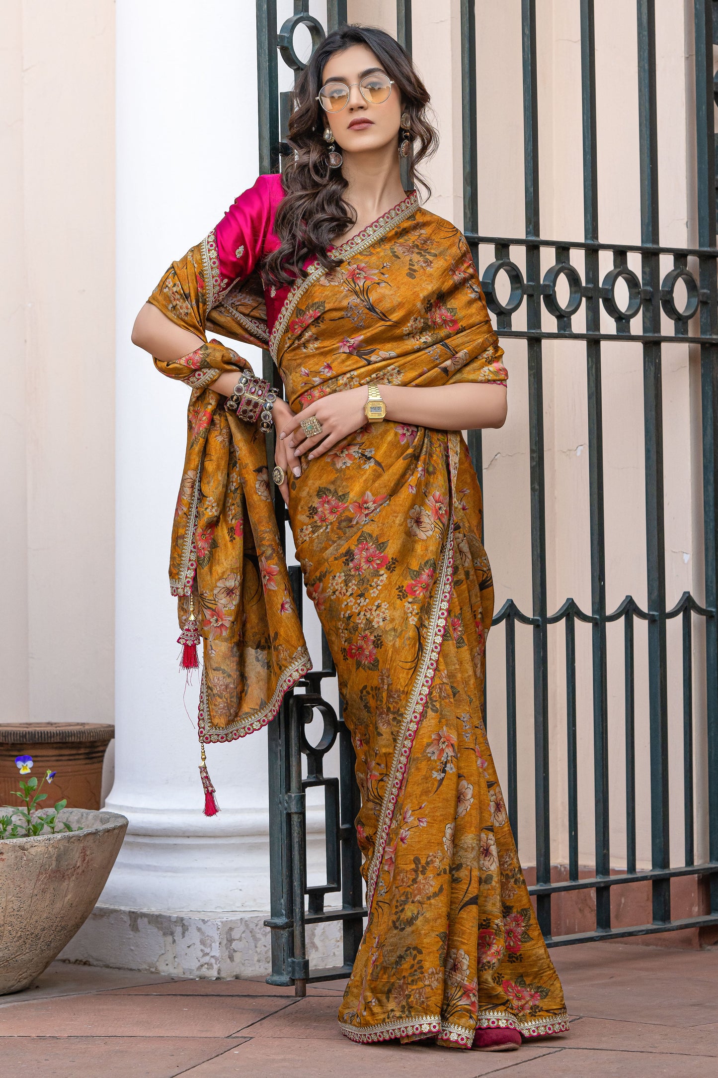 Orange Printed Viscose Silk Saree with Lace Border-ZB134626_4_SareeButa.com