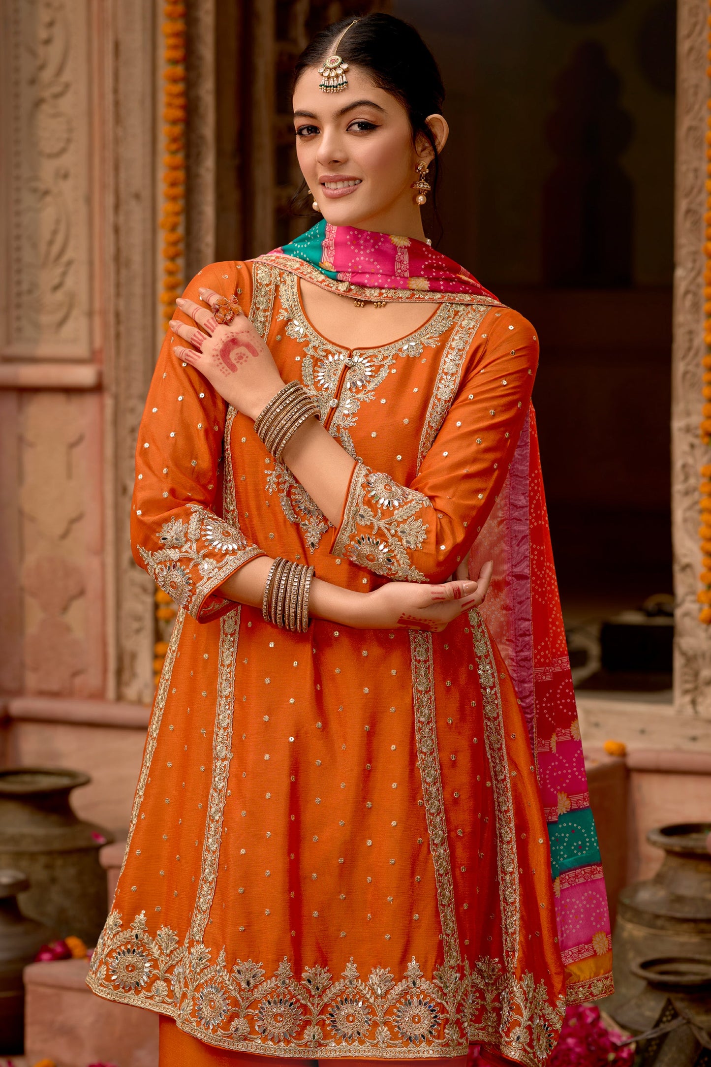 Orange Readymade Chinon A-line Palazzo Suit-SS650_4_SareeButa.com