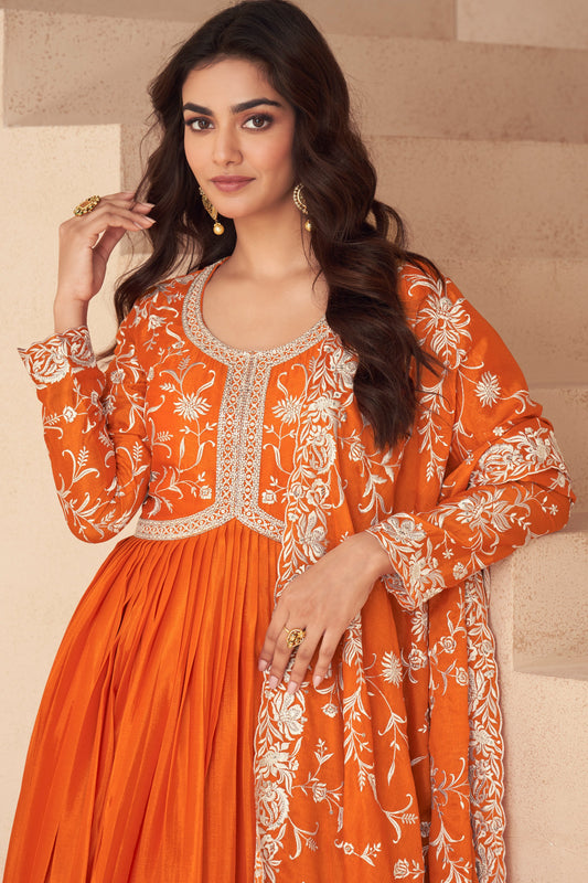 Orange Readymade Chinon Silk Gown with Dupatta-SS598_2_SareeButa.com