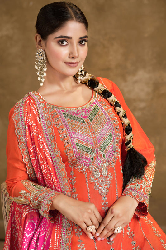 Orange Readymade Chinon Suit With Tulip Pants-SS084_2_SareeButa.com