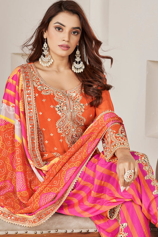 Orange Readymade Chinon Suit With Tulip Pants-SS163_2_SareeButa.com