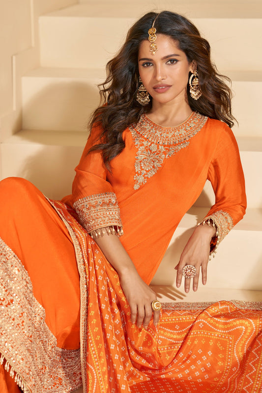 Orange Readymade Embroidered Chinnon Silk Suit-SAR10673_2_SareeButa.com