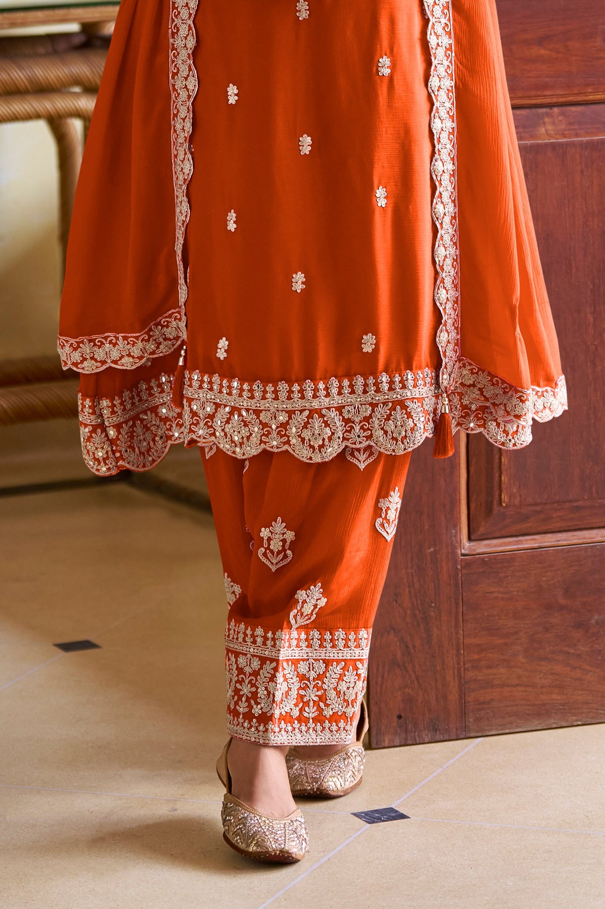 Orange Readymade Embroidered Chinon A-line Pant Suit-SAR11967_4_SareeButa.com