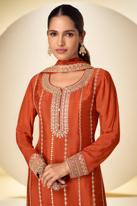 Orange Readymade Embroidered Chinon Suit-SAR11627_2_SareeButa.com