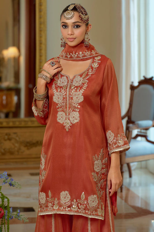 Orange Readymade Embroidered Shimmer Palazzo Suit-SAR11665_2_SareeButa.com