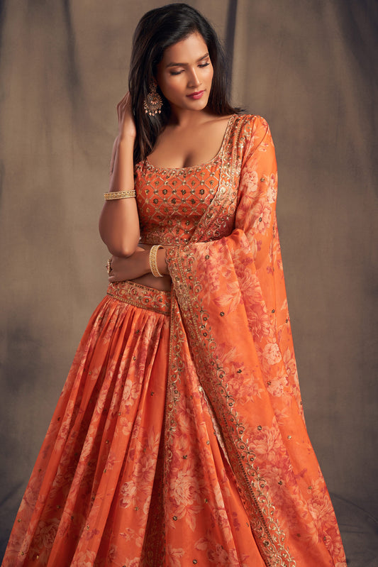 Orange Semi-Stitched Embroidered Organza Lehenga-LC152_2_SareeButa.com
