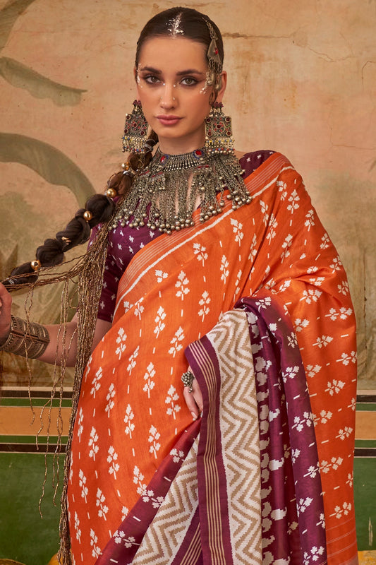 Orange Wine Printed Silk Saree-ZB133421_2_SareeButa.com