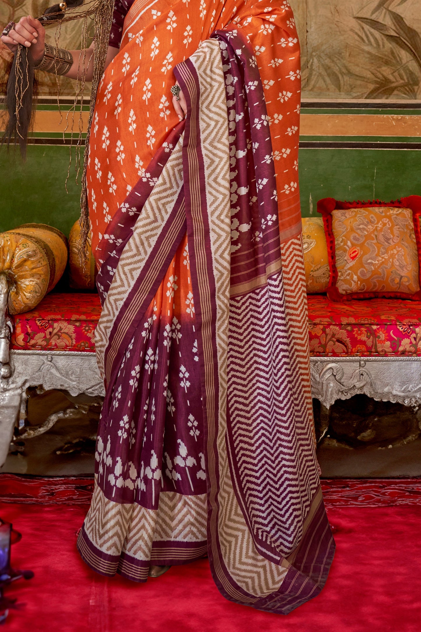 Orange Wine Printed Silk Saree-ZB133421_4_SareeButa.com
