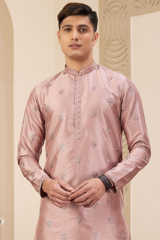 Peach Embroidered Silk Kurta Pajama-MW21_2_SareeButa.com