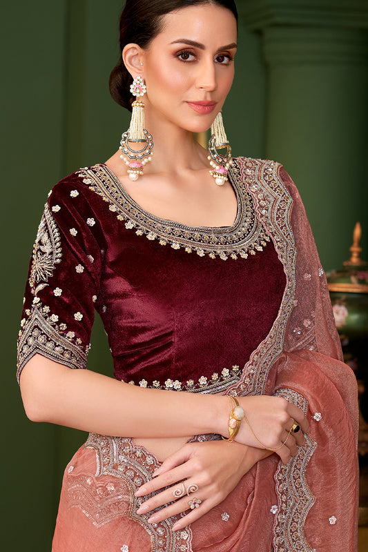 Peach Embroidered Tissue Georgette Saree-SAR10964_2_SareeButa.com