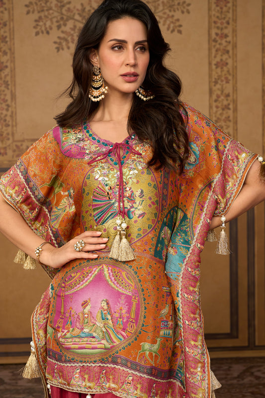 Peach Orange & Wine Mirror Work Viscose Silk Kaftan-SAR13569_2_SareeButa.com