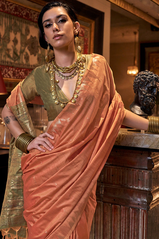 Peach Orange Woven Tussar Silk Saree-ZB133044_2_SareeButa.com