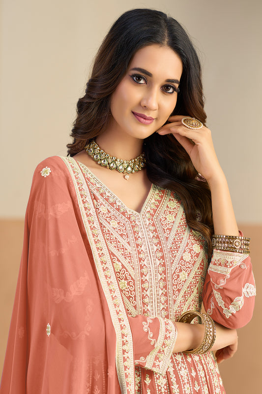 Peach Readymade Georgette Gown With Dupatta-SAR12495_2_SareeButa.com