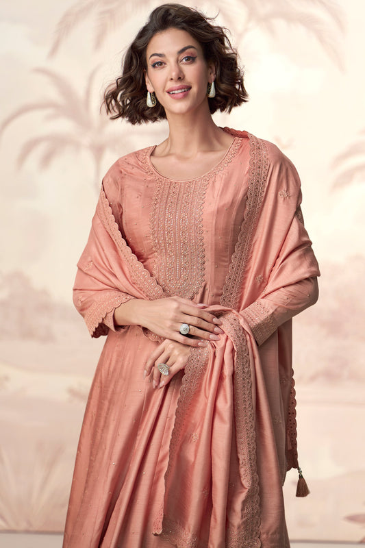 Peach Readymade Silk Gown with Dupatta-SS555_2_SareeButa.com