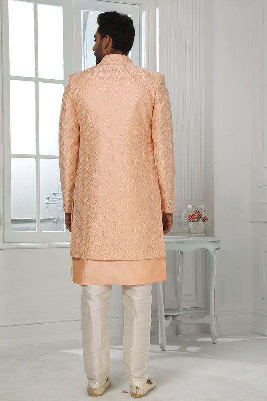Peach Silk Kurta Pajama With Jacket-SAR11433_2_SareeButa.com