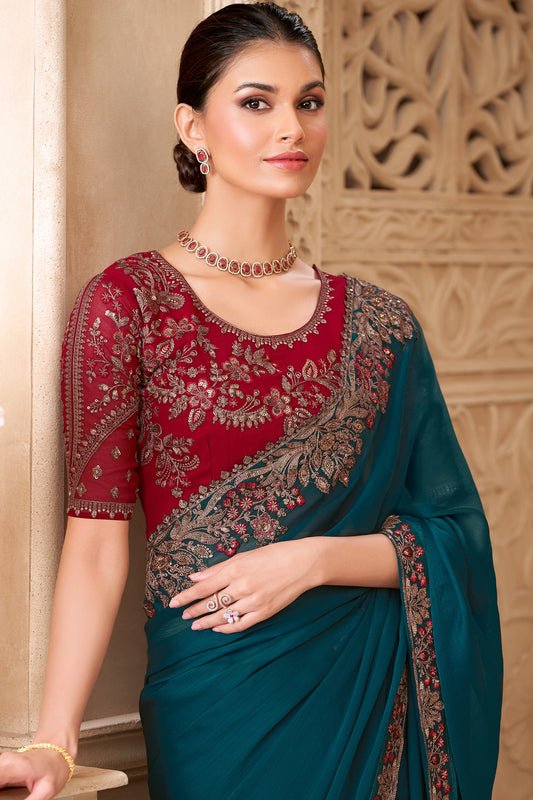 Peacock Blue Embroidered Satin Georgette Saree-SAR10598_2_SareeButa.com