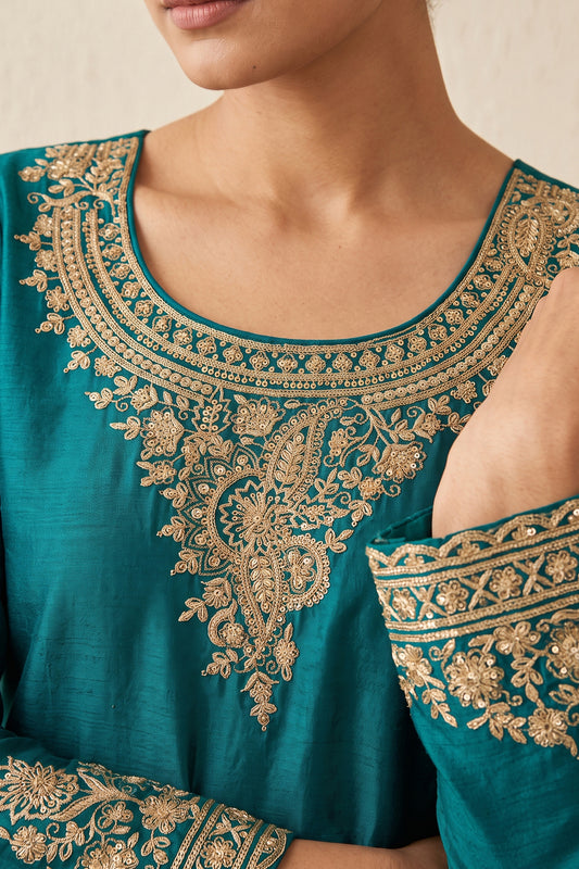 Peacock Teal Readymade Embroidered Chinon Suit-SAR13554_2_SareeButa.com
