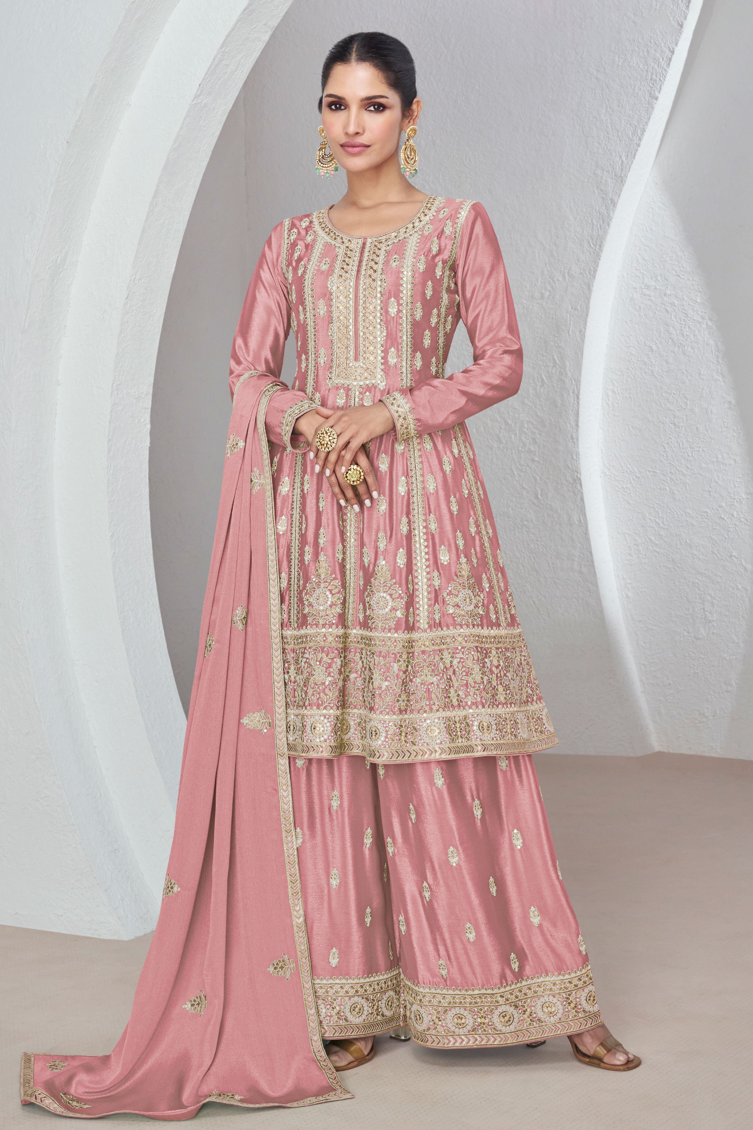 Fuchsia Pink  Crepe Silk Bandhani Printed And Embroidered Suit With Sharara main image 0