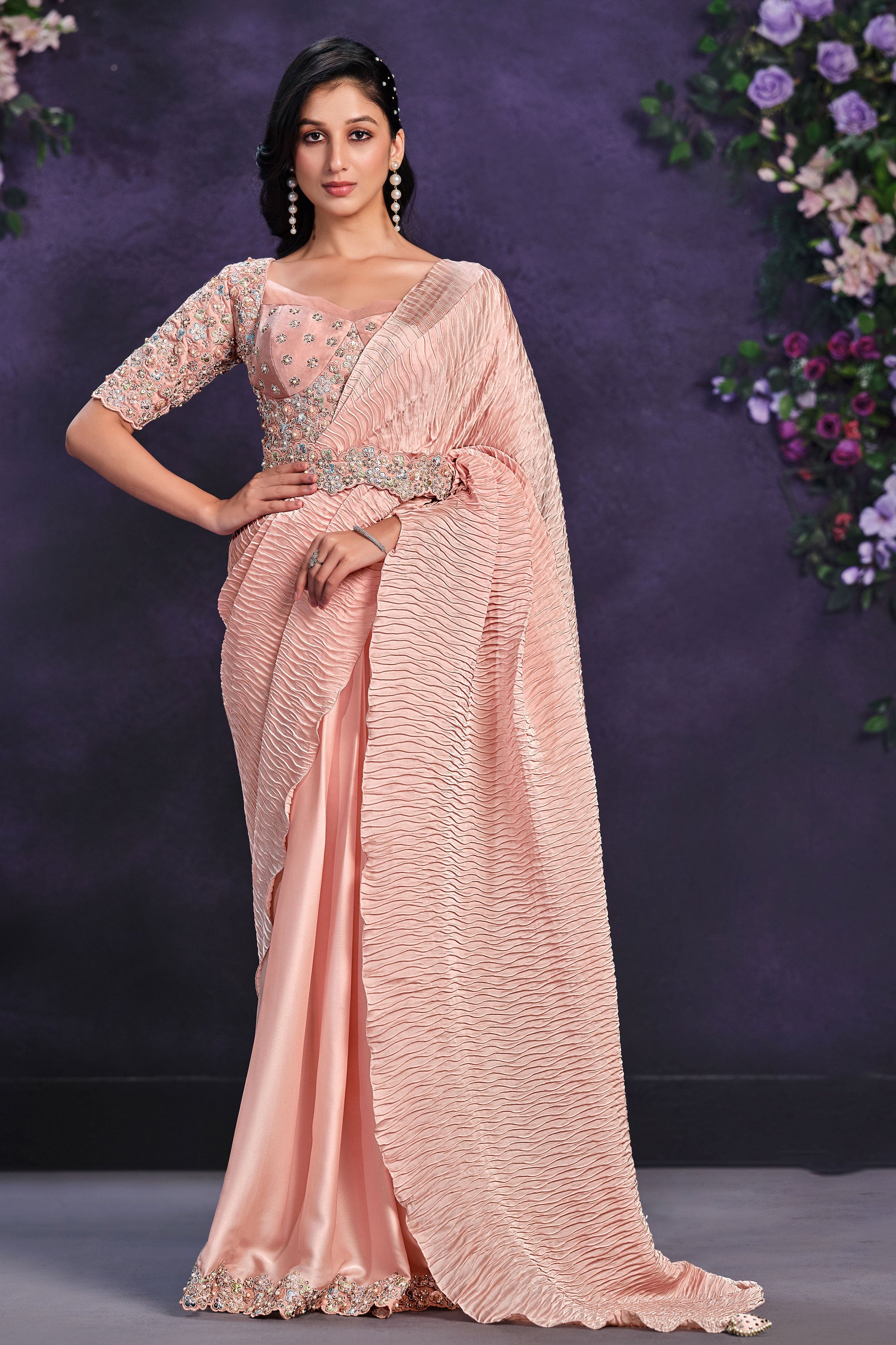 Pink Satin Silk Ready to wear/Easy Saree